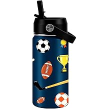 16oz Kids Sport Balls Water Bottle for Boys, Stainless Steel Insulated Bottle with Flip Straw, Soccer Football Hockey Design, Trophy Medal Graphics, Leak Proof Cold 12H Hot 6H, Gift for Sports Fans