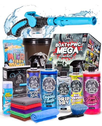 Salty Captain Boat & PWC Mega Cleaning Bucket All-in-One Boat Wash Kit with Foam Gun Salt Wash Engine Flush & Rust Spray Ultimate Marine Cleaning for Boats Jet Skis & Watercraft
