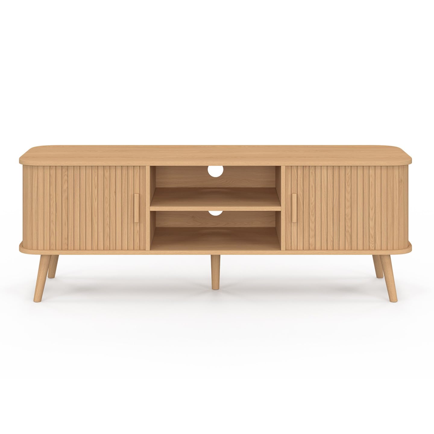 IDMarket - Meuble TV 140 cm Romie 2 Portes coulissantes Lattes tasseau Bois Coloris chêne