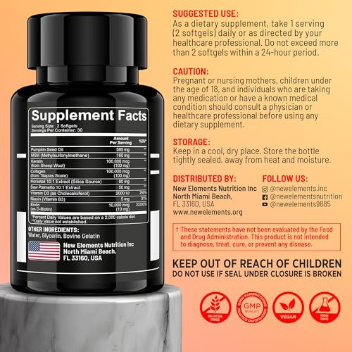 Image of New Elements 9X Hair Skin and Nails Vitamins - Biotin 10 000 mcg with Horsetail Supplement, Collagen, Keratin, Niacin, MSM, D3, Saw Palmetto, Pumpkin Seed Oil | Supports Hair Growth for Men & Women