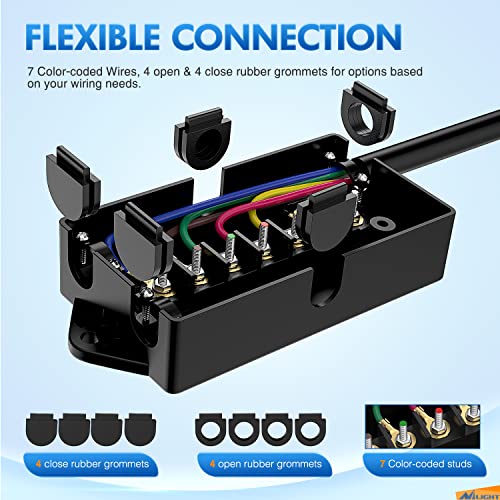 Image of Nilight Heavy Duty 7 Way Inline Trailer Plug Extension 8FT w /Junction Box | Waterproof 7Pin RV Round Wiring Harness Extend Vehicle and Trailer Side Towing Car Color Coded for Campers Caravans Vans