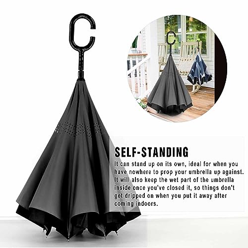 Image of SIEPASA 40 /49 /56 /62 Inch Inverted Reverse Upside Down Umbrella, Extra Large Double Canopy Vented Windproof Waterproof Stick Umbrellas with C-shape Handle.(Black, 56 Inch)