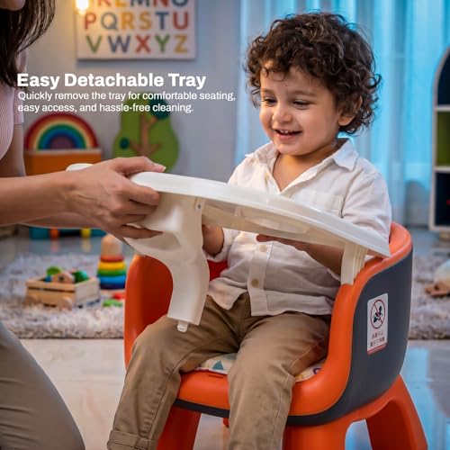 Image of Baybee Booster Chair for Baby with Detachable Food Tray, Anti-Slip Wide Legs & Soft Cushion Seat with Music | Portable Feeding Chairs for Kids Home & Travel - 0 to 3 Years (Orange)