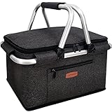 LANOUOGGK Picnic Basket Foldable Insulated with lid 32L Extra Large Insulated Bag for Picnic, Food Delivery, Take Outs, Grocery Shopping, and as Cooler Bag. Foldable Design Compact for Storage …