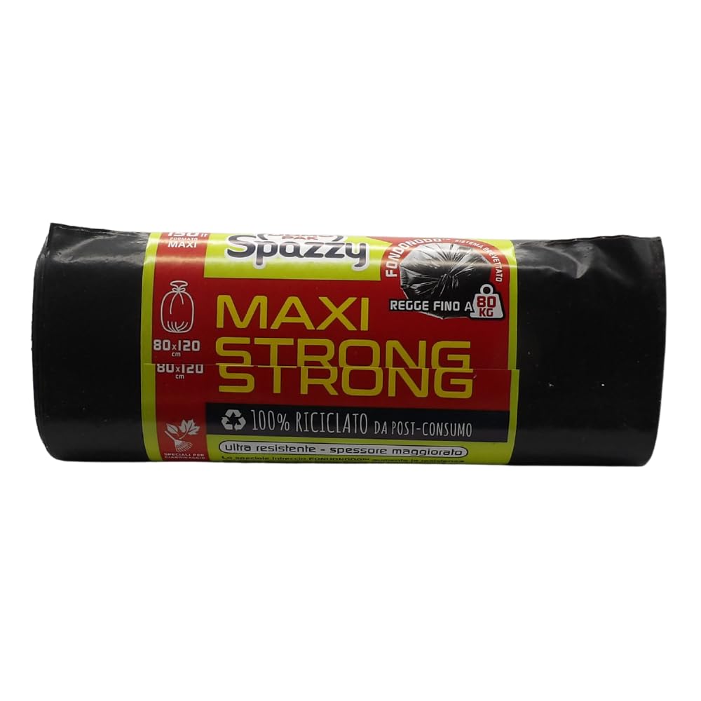 Sacchi Nettezza MAXI STRONG, Formato 150L, Misura 80x120 cm. Ultra Resistente - Spessore Maggiorato. Rotolo Da 10 Sacchi Neri (6 Rotoli)