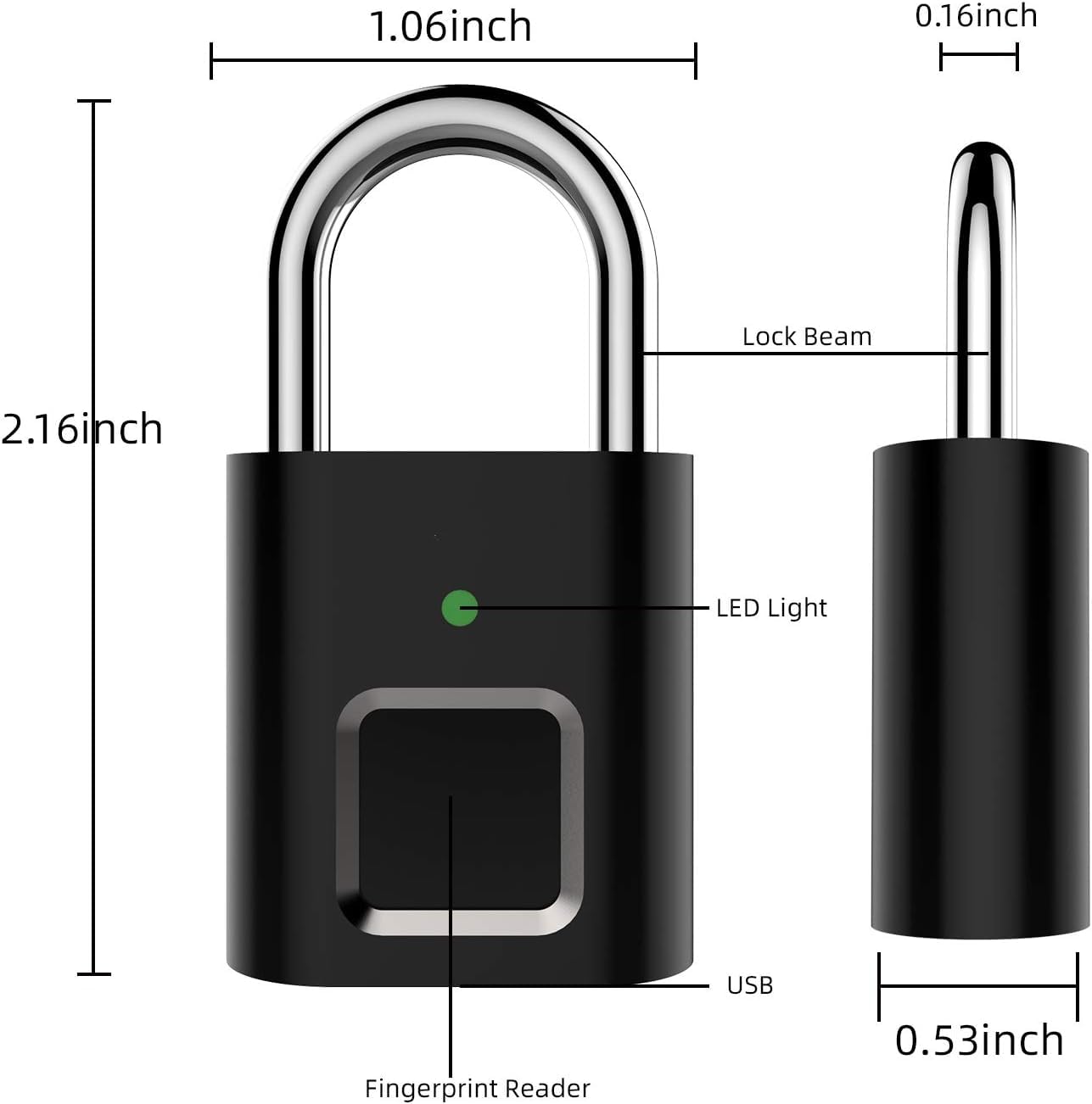 È dotato di un lucchetto a impronte digitali in miniatura con rilevamento delle impronte digitali a 360 gradi e una lunga durata come sistema di allarme.