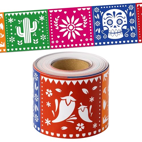 Image of BeYumi Mexican Fiesta Border Trim - 65ft Cinco De Mayo Flags Straight Rolled Border Trim Colorful Papel Picado Mexican Fiesta Carnival Bulletin Board Set Taco Birthday Party School Home Wall Decor