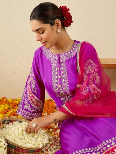 Image of INDO ERA Women's Silk Blend Embroidered Straight Kurta Pant with Dupatta
