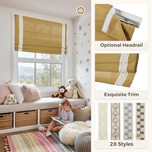 Image of TWOPAGES Isabella No Drill Cordless Roman Shade Linen Textured Cotton Roman Blind for Windows, Custom Made Room Darkening Blackout Roman Window Shade, Hardware Included, Orange, 1 Piece