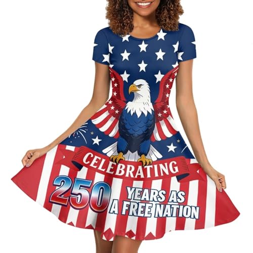 Image of POLERO Women Puffy Swing Elegant Party Midi Dresses Short Sleeve Round Neck A-Line Dress