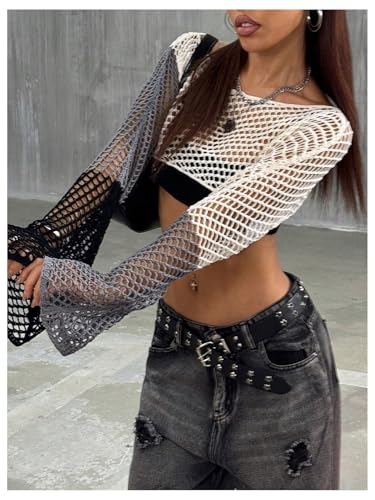 Verdusa Women's Hollow Out Color Block Sweaters Sheer Bell Sleeve Crochet Knit Crop Tops4