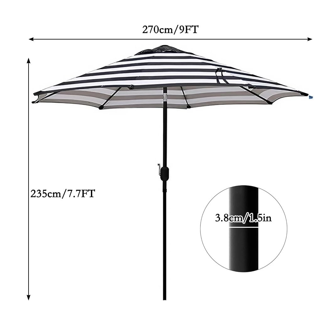 Duży Parasol Ogrodowy 270cm, Odchylany i Korbą, 8 Żeber - Solidny Słup, Parasol Przeciwsłoneczny do Ogrodu, Trawnika, Podwórka i Basenu, Czarny Biały Pasek