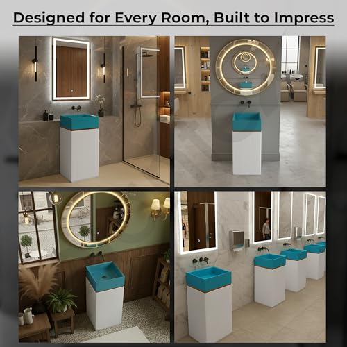 Image of Plantex Matt Acrylic Resin & Quartz Pedestal Basin For Bathroom /One Piece Pedestal Free Standing Square Wash Basin For Living Room /Hotel (Blue & White)
