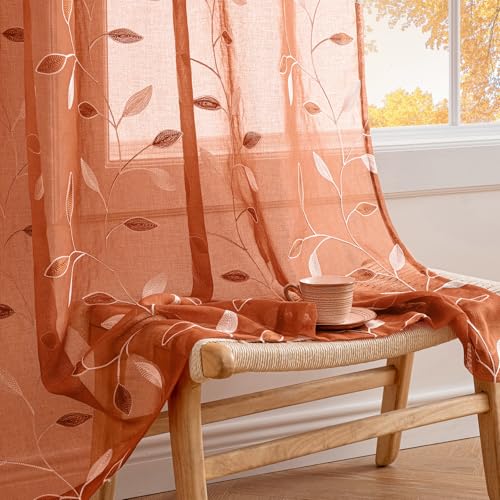 MIULEE Burnt Orange Sheer Curtains 2 Panels Embroidered Leaf Patterned Rod Pocket Floral Semi Faux Linen Window Fall Curtains Drapes Set for Living Room Bedroom Dining Room, 52x63 Inches Long