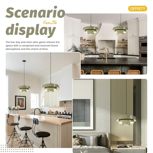 Image of 2-Pack Mid-Century Olive Green Pendant Light Fixtures, Adjustable Wire Hanging Lamps, 3-Layer Pendant Lamp E26 Base for Foyer, Bedroom, Farmhouse