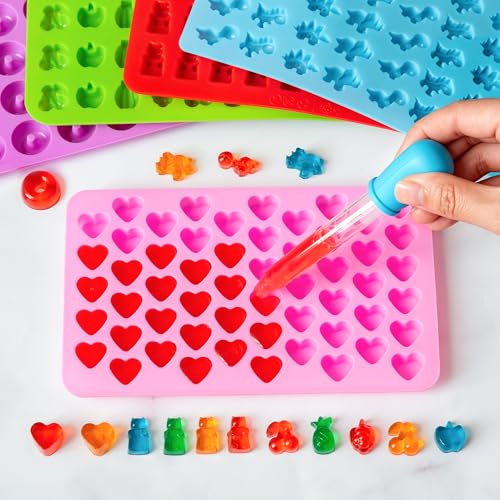 Image of WARM TIME Gummy Bear Candy Molds Silicone, Mini Gummy Molds with 2 Droppers & 1 Cleaning Brush, Food Grade Non-Stick Silicone Molds Including Heart, Dinosaur, Bear, Donut, and Fruit, Set of 5
