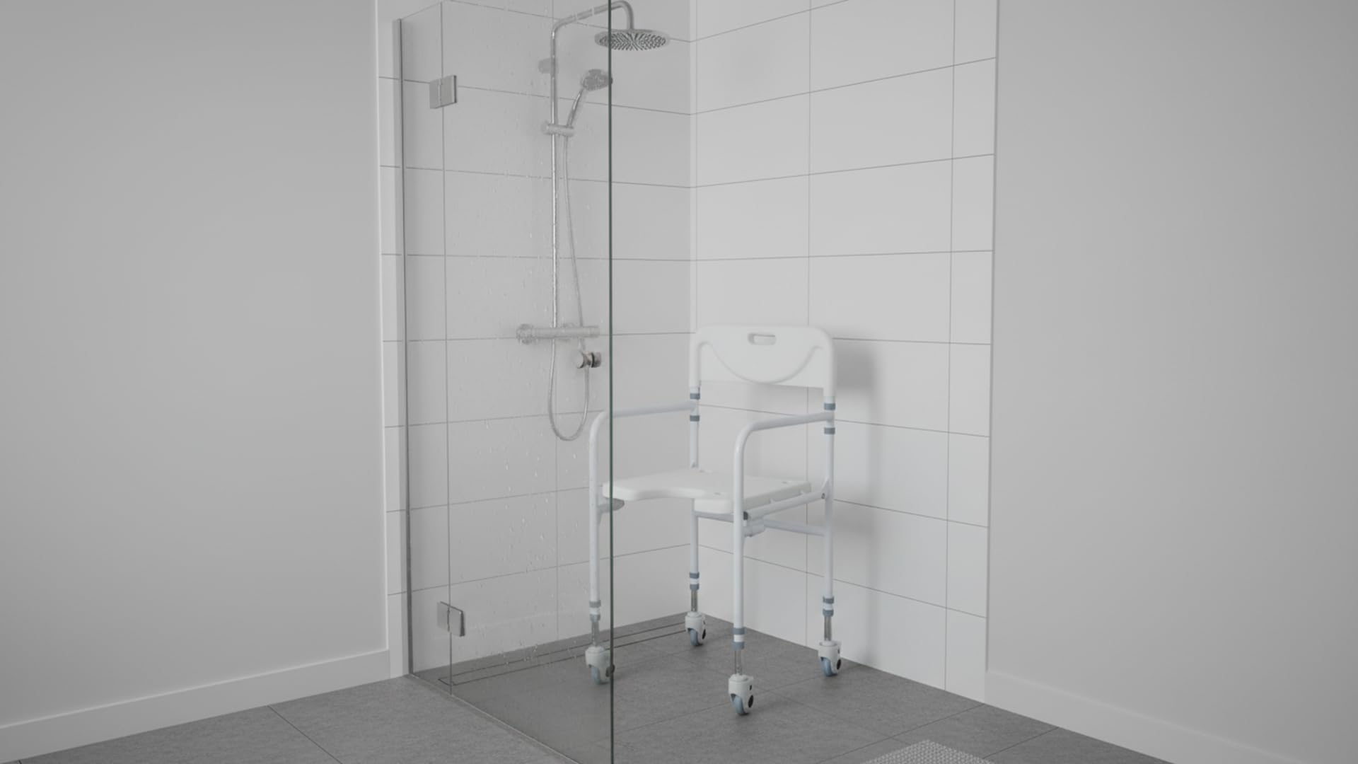 Ausilium Sedia da Doccia Pieghevole con Ruote e Freni per Anziani e Disabili - Sedia Bagno in Alluminio Regolabile in Altezza, Seduta Ergonomica Antiscivolo - Portata 114 kg