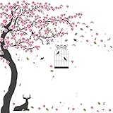 Buiory 6 Sheets of 12 x 18inch Removable Giant Tree and Pink Flowers Wall Sticker Murals 3D DIY Peel