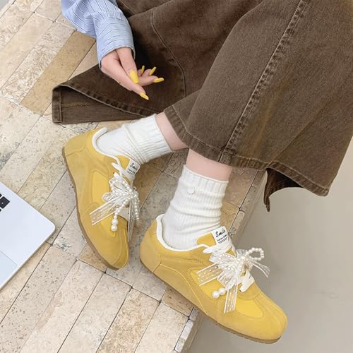 Ballet Sneakers for Woman Wide Toe Trendy Lace Up Ballerina Flats Colorblock Fancy Cute Ballet Shoes with Pearls Bow Ties 2025 Spring Summer Elegant Casual Walking Shoes4