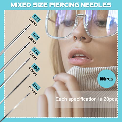 Body Piercing Needles - WZPB 100Pcs Ear Nose Piercing Needles Mixed Sizes Hollow Needles 12G 14G 16G 18G 20G Disposable Piercing Needles for Ear Nose Lip Eyebrow Belly Body Piercing Kit Supplies
