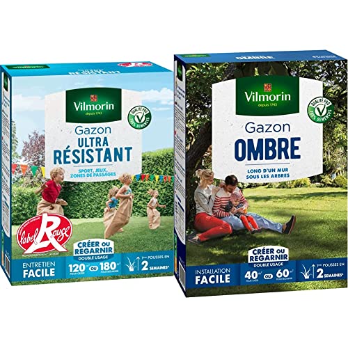 Vilmorin 4462415 Gazon Ultra Résistant, Vert, 3 kg & 4466514 Gazon Ombre, Vert, 1 kg