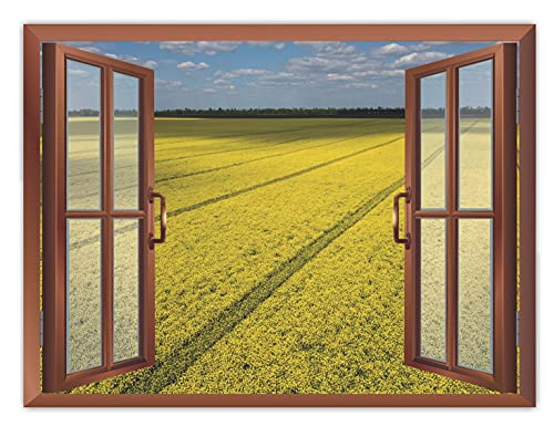 Image of CVANU Lovely View of Yellow Meadows with Clear Blue Sky in a Sunny Day Removable Faux Window Wall Sticker /Decals for Living Room etc Cv 32