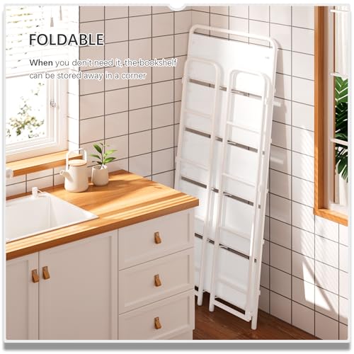 Image of 4NM No Assembly Folding Bookshelf, 5 Tiers Collapsible Book Shelves Open Industrial Foldable Storage Bookcase Shelf for Bedroom, Living Room, Home Office - All White