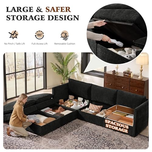 Image of Ihanherry 103 inch Modular Sectional Sofa with Storage, U Shaped Cloud Couch with Movable Ottomans & 4 Pillows, Chenille Deep Seat Sectional Couches for Living Room, Apartment (Black)