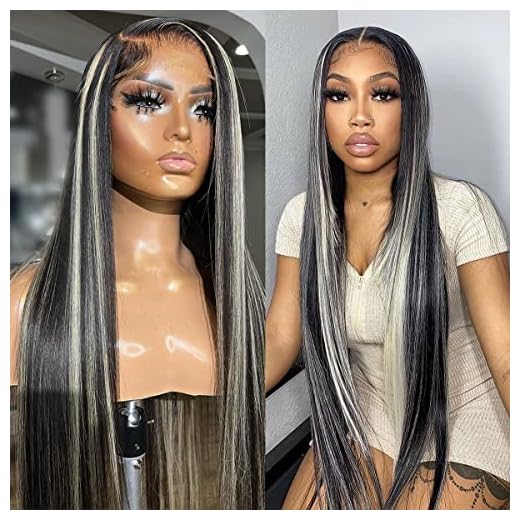 SUPERNOVA Highlight Lace Front Wigs Human Hair Grey Highlight Human Hair Wigs for Black Women Straight 5x5 Lace Front Wig 180 Density Pre Plucked Human Hair (18 inches)