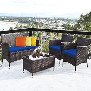 Alternative view of Tangkula 4-PCS Patio Rattan Conversation Set, Outdoor Wicker Furniture Set with Tempered Glass Coffee Table &Thick Cushion, Rattan Chair Wicker Set for Garden, Lawn, Poolside and Backyard (1, Navy)