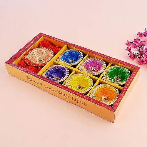 SATVIK 7 Pc (6+1) Designer Multicolor Clay Diya Earthen Diya Terracotta Dia Traditional Puja Vilakku Oil Lamp Natural Mitti Welcome Diwali Deepawali Pooja Decor Indian Housewarming Gift Items - Image 3