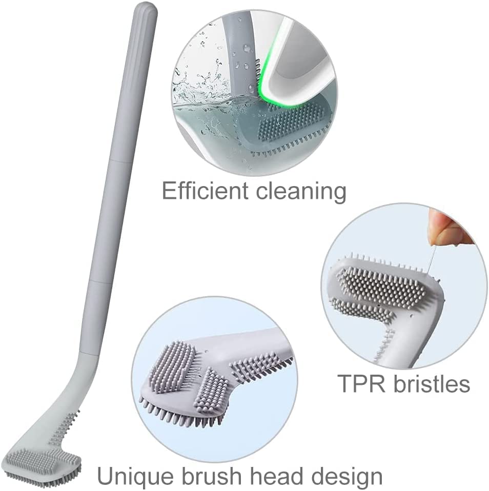Image of Toilet Brush, Long Handle Golf Toilet Brush with Holder 360 Deep Cleaning Flexible Silicone Toilet Cleaner Brush Wall Mounted for Bathroom (2Pcs Grey)