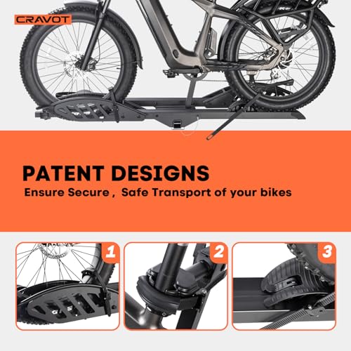 Image of CRAVOT CyberRack E2 EBike Rack with Ramp for 2 EBikes,200lbs Capacity | Ebike Carrier Foldable Platform Mount, Up to 5-inch Fat Tire Bicycle for 2'' Receiver Cars Trucks SUVs Minivans Trailer