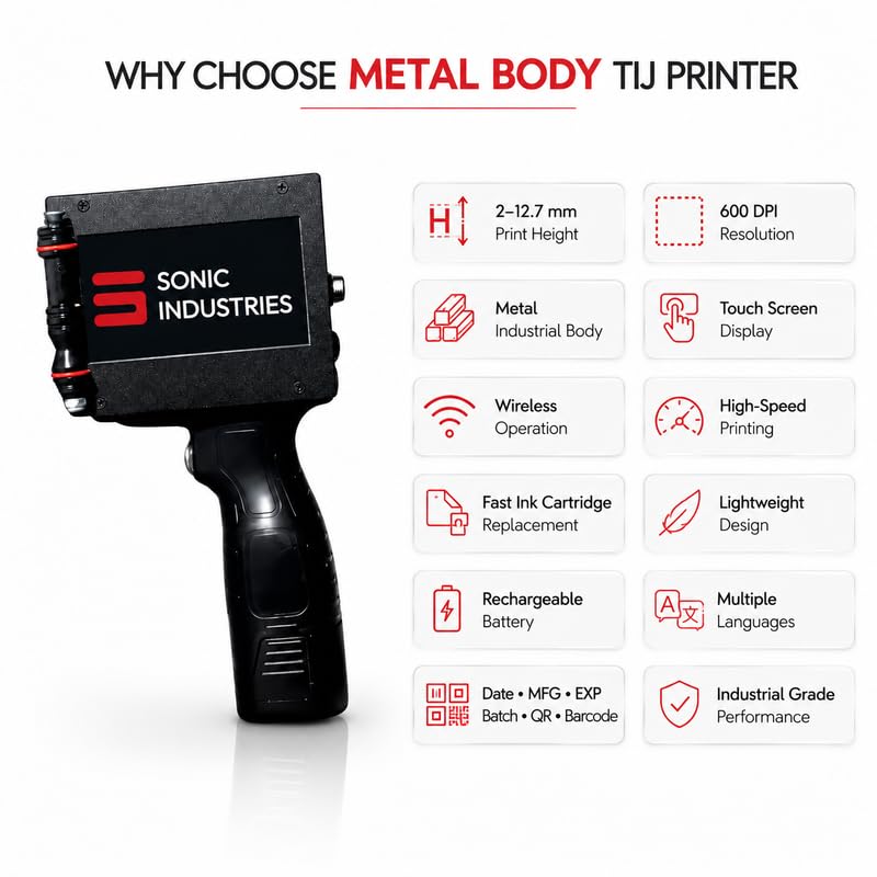 Image of SONIC INDUSTRIES Metal Body Handheld Thermal Inkjet Printer for MRP, Batch Code, Date, Expiry, Barcode & QR Code Printing