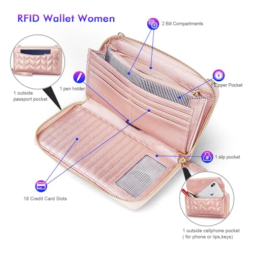 Image of nuoku RFID Blocking Wristlet Wallet for Women, Zip-Around Crossbody Clutch with 2 Removable Straps