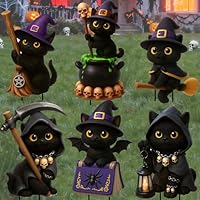 Giggleye Halloween Gartendeko Schwarze Katzen 6er Set – Gruselige Deko Figuren mit Hexenhut, Besen & Zauberbuch – Wetterfest & stabil mit Ständern – Für Garten, Terrasse, Rasen & Outdoor Halloween