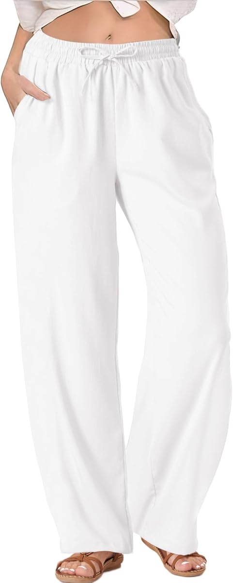 TOPYOGAS Womens High Waist Drawstring Stretch Casual Pants Summer Loose Pants Straight Trousers with Pockets White at Amazon Women’s Clothing store
