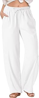 Womens High Waist Drawstring Stretch Casual Pants Summer Loose Pants Straight Trousers with Pockets