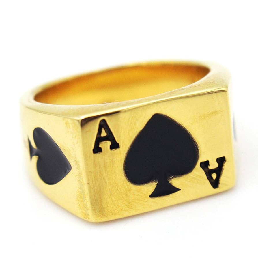 ROLLスペードA RING Punk 6-13# Gold Color Black Ace of Spades Ring 316L