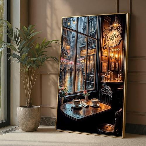Art mural vintage contre les murs vides : toile café cosy et rue pluvieuse 40x70