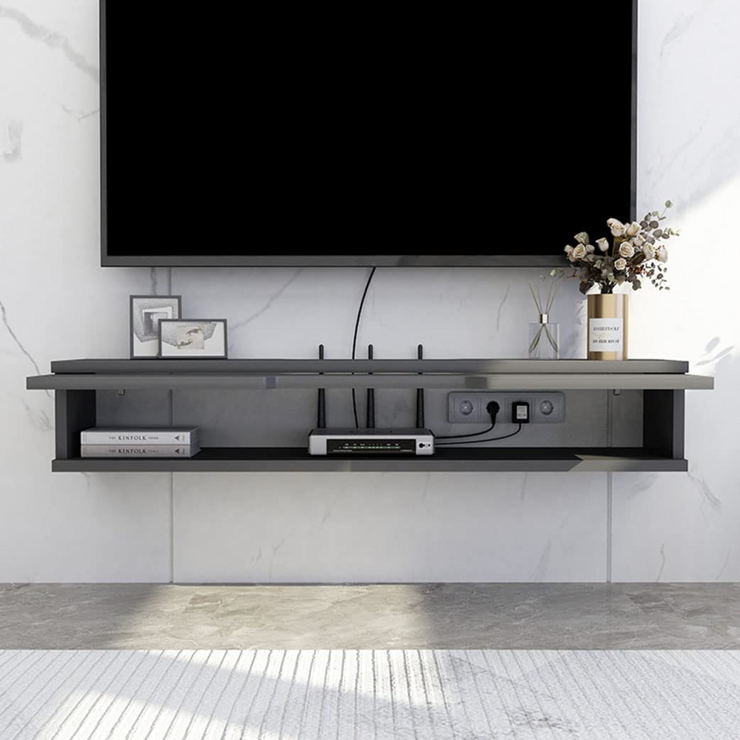 Mobile TV Sospeso A Parete Con Porta A Ribalta – 120x22x20 Cm, Finitura Grigio Righe, Con Gestione Cavi E Ripiani - 2