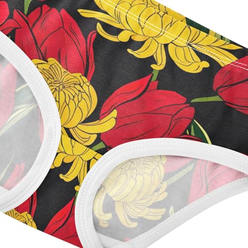 Cotton Toddler Underwear Floral Red Tulips Yellow Chrysanthemums Black Girl Panties Cute Fancy Briefs Undies Kids 2t4