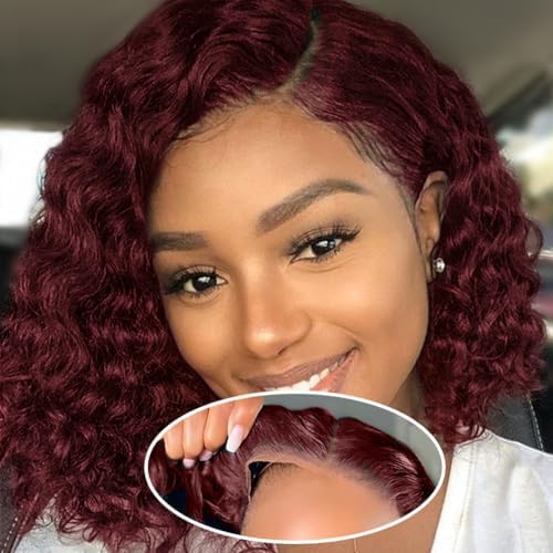 ISWEET HD Glueless Wigs Human Hair Pre Plucked Pre Cut Bob 4x4, 14 Inch Burgundy 210% Density Hairline Curly Bob Wig Human Hair, Wear and Go Deep Wave Lace Front Wigs Human Hair for Black Women