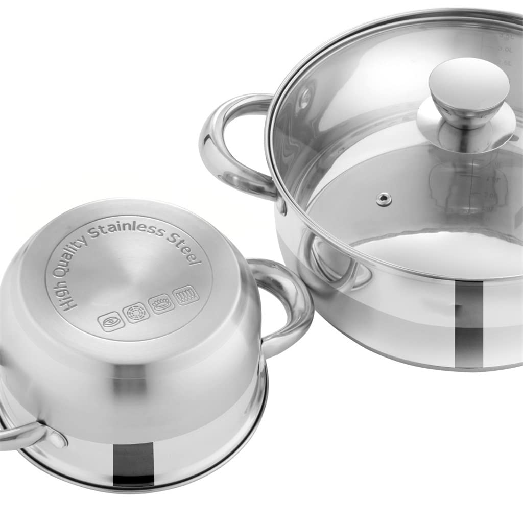 Kochtopf, Kochgeschirr-Set Edelstahl 7-teilig Küche Kochtopf & Pfanne Set, Stielkasserolle, Schmortopf, Dampfgarer, Bratpfanne mit Glasdeckel