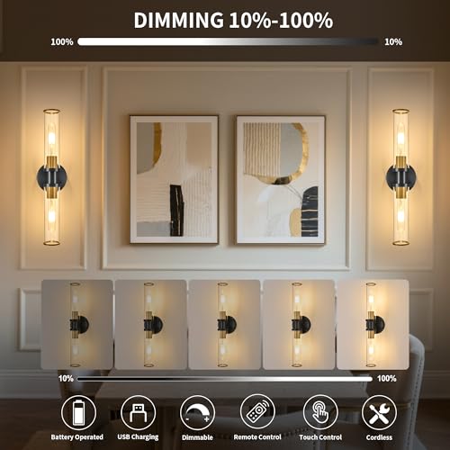 Image of Rayogale Black & Gold Wireless Battery Operated Wall Sconces with Remote | Glass Rechargeable Wall Lights Set of 2 with Timer Function Dimmable for Living Room Bedroom Emergency 3000K, 20.5 Inch