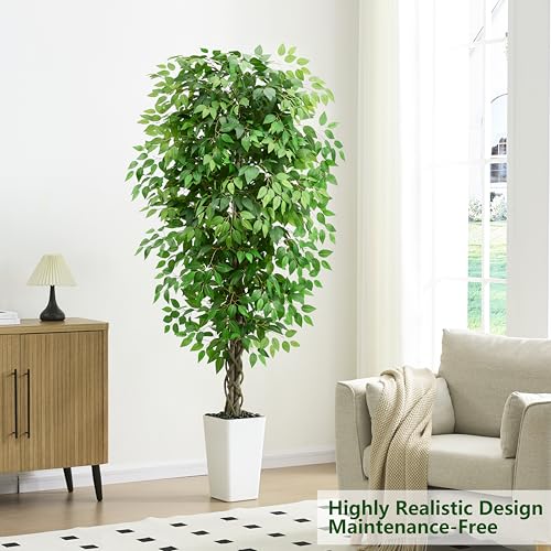 Artificial Ficus Tree 6FT Faux Plants Indoor Tall Fake Plants with White Planter, Green Lifelike Lush Fake Ficus Tree for Home Living Room Bedroom Outdoor Balcony House Office Decor - Image 5