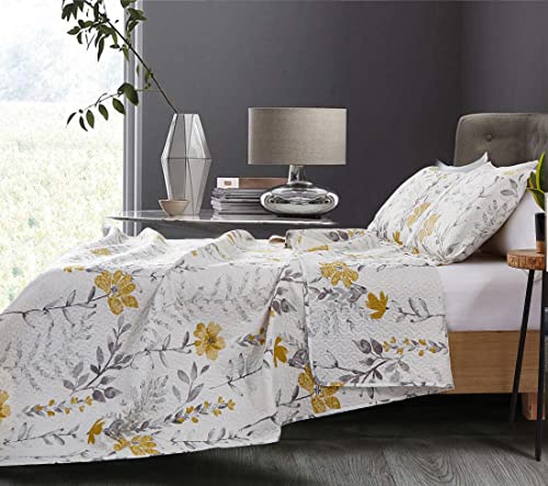 Quilt Set Twin Floral Bedspread Coverlet Twin Floral Quilts Bedding Spring Summer Lightweight Quilts Bedspread Reversible Bedding Grey Leaf Yellow Floral Quilt Collection Bedspread With Pillow Shams #TOP3