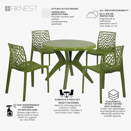 Image of Supreme Web Chair & Marina Table 5-Piece Set | Heavy Duty Plastic 4-Seater Dining Set for Living Room, Garden, Cafe & Outdoor Balcony, Color: Mehandi Green