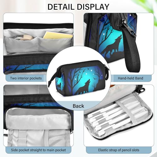 Image of Fisyme Blue Moon Wolf Pencil Case Large Capacity Pencil Pouch Pen Bag Box Big Makeup Pencil Case Organizer