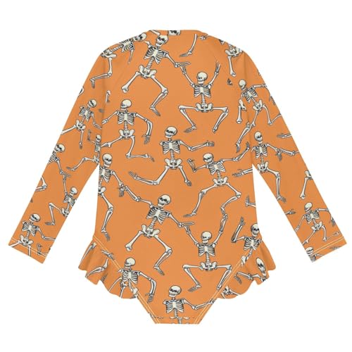 CaTaKu Girls One Piece Swimsuit Skeleton Orange Toddler Bathing Suit Long Sleeve UPF 50+ Rash Guard Swimwear 3-12Y2